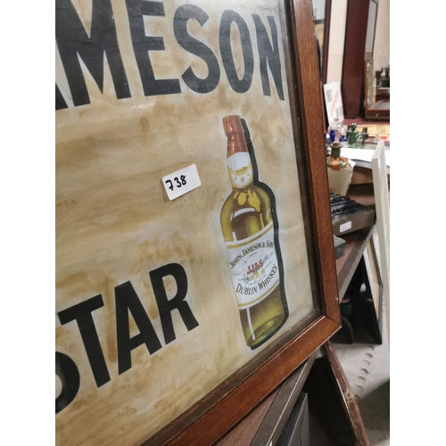 738 - Framed John Jameson Three Star Irish Whiskey advertising print. {62 cm H x 84 cm W}.