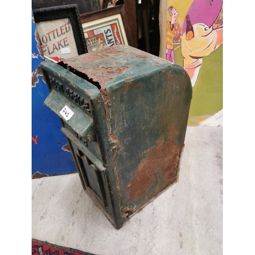 742 - Cast iron P and T post box in need of repair. {58 cm H  x 24 cm W x 36 cm D}