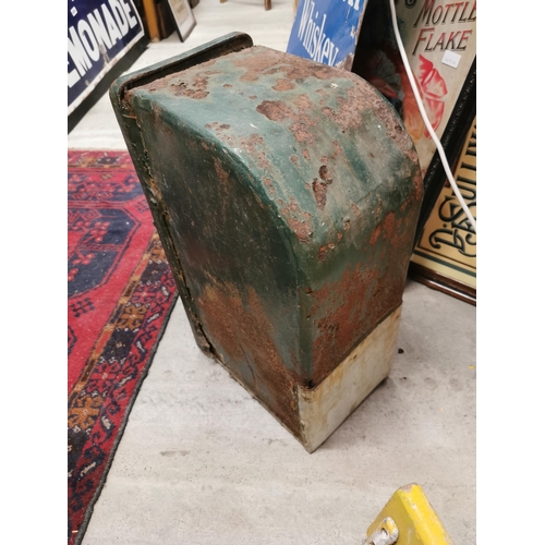 742 - Cast iron P and T post box in need of repair. {58 cm H  x 24 cm W x 36 cm D}