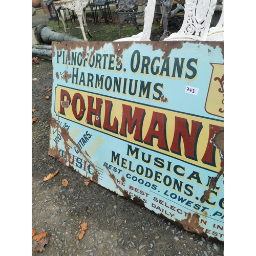 743 - Enamel Pohlman and Co 40 Dawson Street Dublin Music Shop Advertising sign. { 74 cm H x 204 cm W}.