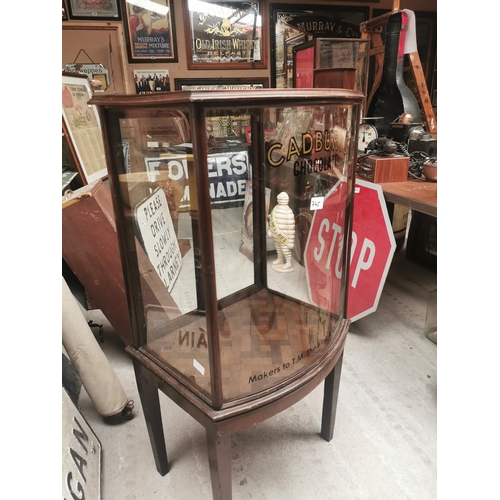 745 - Mahogany bowfronted glazed Cadbury�s Chocolate advertising display cabinet. {113 cm H x 56 cm W x 46... 