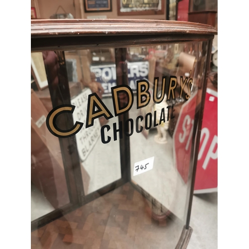 745 - Mahogany bowfronted glazed Cadbury�s Chocolate advertising display cabinet. {113 cm H x 56 cm W x 46... 