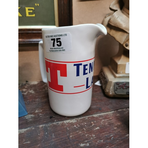 75 - Tennants Lager Wade pottery ceramic advertising water jug. {15 cm H x 14 cm W x 9 cm D}.