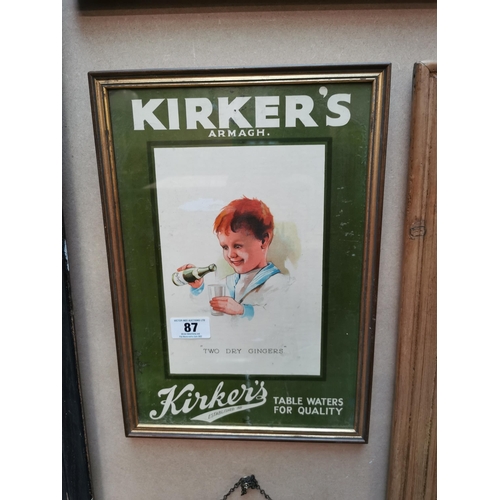 87 - Kirker's Table Water framed advertising showcard { 43cm H X 30cm W }.