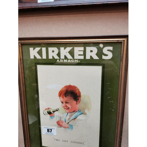 87 - Kirker's Table Water framed advertising showcard { 43cm H X 30cm W }.