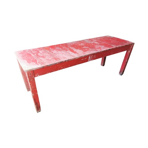 269a - Painted pine kitchen table raised on square legs { 77cm H X 211cm W X 72cm D }.