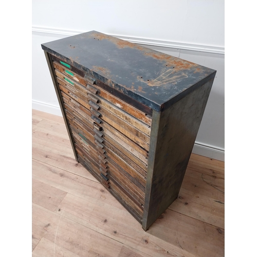 14 - 1940s bank of printers drawers by Cefmor of London surrounded by metal casing {108 cm H x 91 cm W x ... 