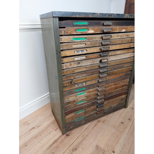 14 - 1940s bank of printers drawers by Cefmor of London surrounded by metal casing {108 cm H x 91 cm W x ... 