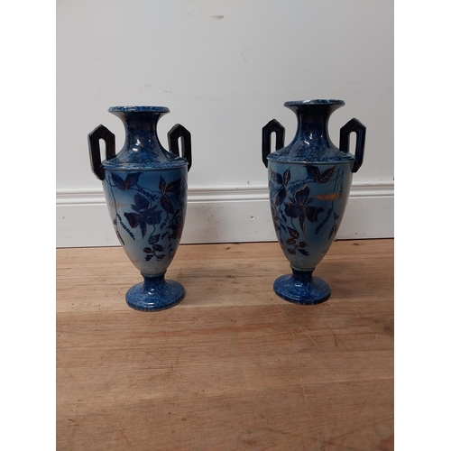 16 - Pair of early 20th C. hand painted ceramic vases by T R & Co. England {33 cm H x 18 cm Dia.}.