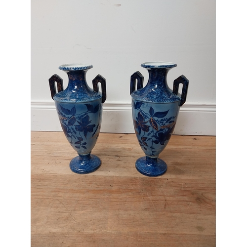 16 - Pair of early 20th C. hand painted ceramic vases by T R & Co. England {33 cm H x 18 cm Dia.}.