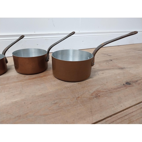 17 - Good quality set of five early 20th C. graduated copper saucepans stamped made in France {12 cm H x ... 