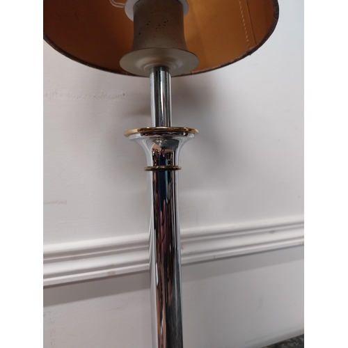 40 - Pair of brass and chrome table lamps with cloth shades {54 cm H x 24 cm Dia.}.
