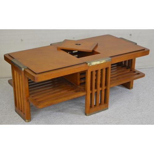 Cherrywood and brass mounted two tier coffee table {50 cm H x 120 cm W