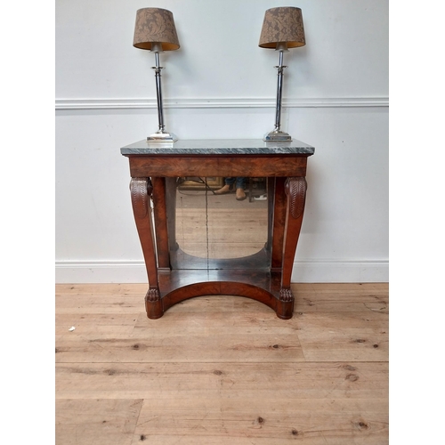 41 - William IV flamed mahogany console table with marble top and mirrored back supported on cabriole leg... 