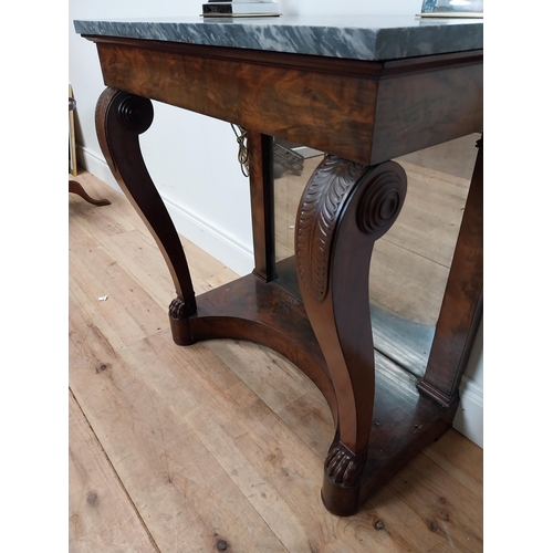 41 - William IV flamed mahogany console table with marble top and mirrored back supported on cabriole leg... 