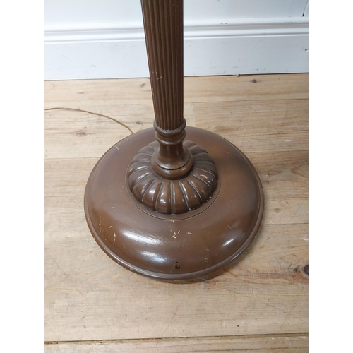 42 - 1950s mahogany standard lamp with cloth shade {182 cm H x 52 cm Dia.}.