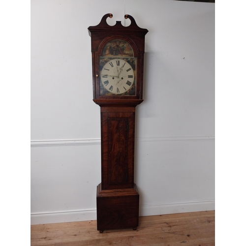 50 - Early 19th C. mahogany Grandfather clock with ebony inlay and painted dial {220 cm H x 50 cm W x 25 ... 