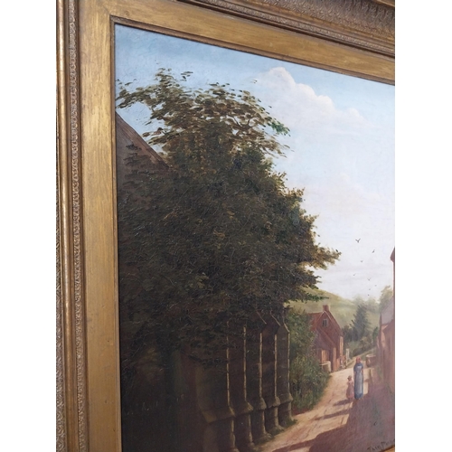 57 - 19th C. oil on canvas Village scene mounted in giltwood frame {72 cm H x 61 cm W}.