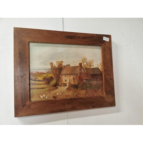 6 - Gill Green Fowl Feeding in Front of the Cottage  framed Oil on Board { 42cm H X 53cm W }.