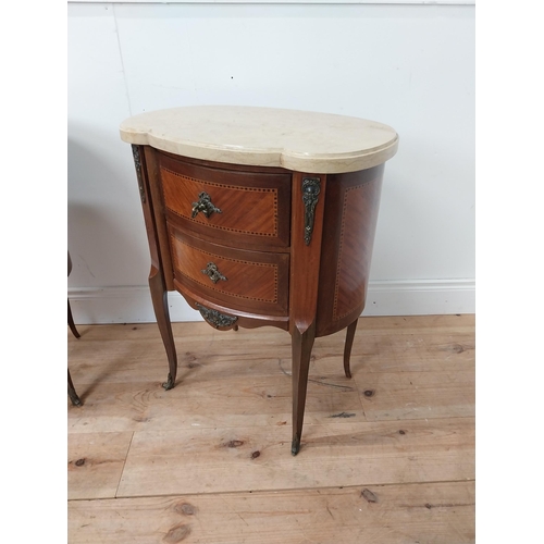 91 - Pair of early 20th C. inlaid kingwood bedside cabinets with marble tops and ormolou mounts {75 cm H ... 