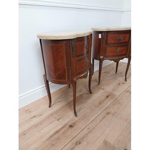 91 - Pair of early 20th C. inlaid kingwood bedside cabinets with marble tops and ormolou mounts {75 cm H ... 