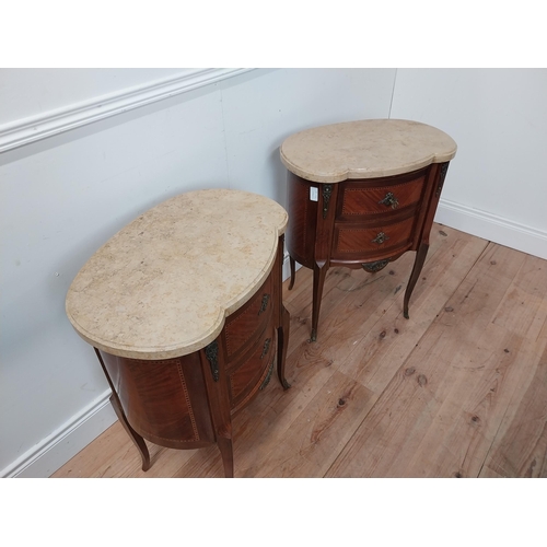 91 - Pair of early 20th C. inlaid kingwood bedside cabinets with marble tops and ormolou mounts {75 cm H ... 