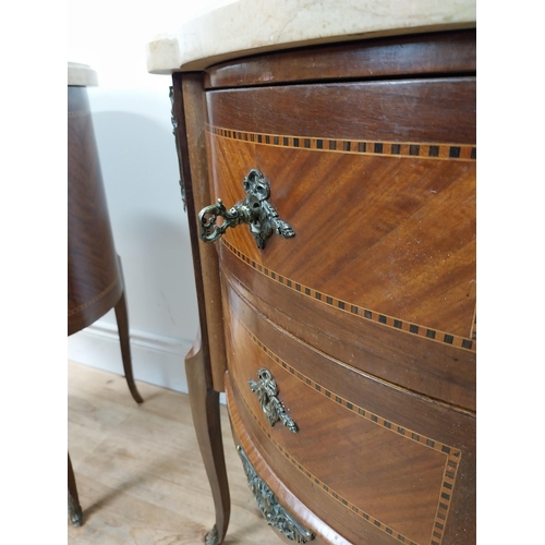 91 - Pair of early 20th C. inlaid kingwood bedside cabinets with marble tops and ormolou mounts {75 cm H ... 