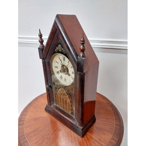 93 - 19th C. rosewood Cathedral mantel clock with painted dial {39 cm H x 21 cm W x 10 cm D}.