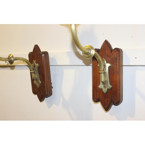 1002 - Pair of brass wall lights mounted on wooden plaques {70 cm H x 15 cm W x 30 cm D}.