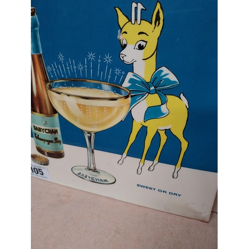 105 - I'd love a Babycham celluloid advertising showcard. {26 cm H x 26 cm W}.