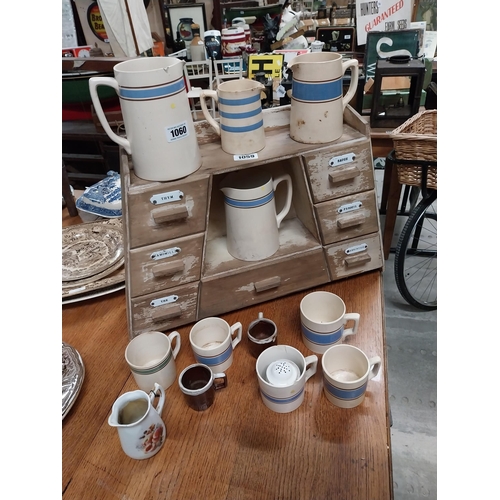 1060 - Collection of nine blue and white Carrigaline Pottery ceramic jugs and mugs made in Ireland.