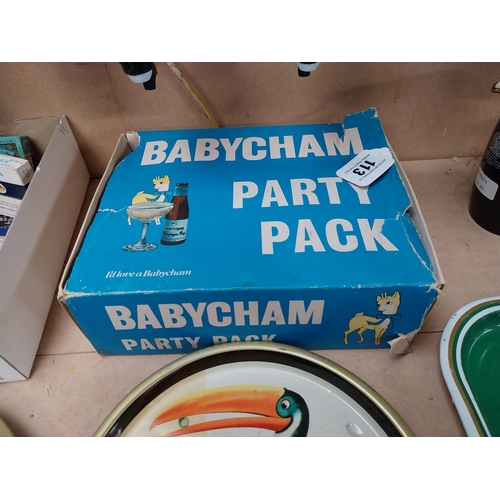 113 - Set of six Babycham advertising glasses in presentation box {11cm H x 9cm Dia.}.