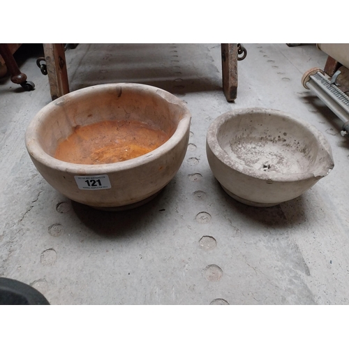 121 - Two 19th C. ceramic Chemist's mortar bowls. {16 cm H x 20 cm W} and {21 cm H x 20 cm W}