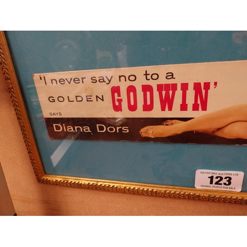 123 - Never Say No To A Godwin Diana Dors advertising showcard. {22 cm H x 47 cm W}.