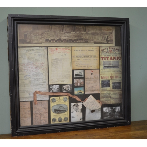 125 - Titanic memorabilia mounted in wooden frame {78 cm H x 86 cm W}.