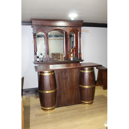 126 - Mahogany home bar and back bar with brass bound barrel front and mirrored back {230 cm H x 220 cm W ... 