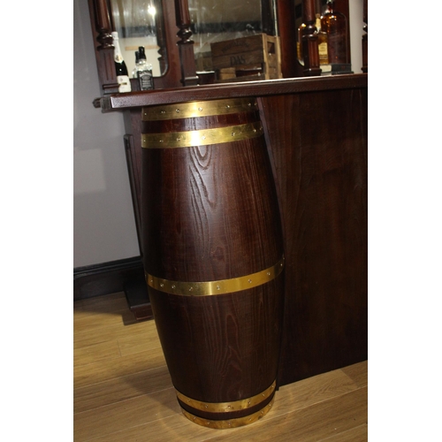 126 - Mahogany home bar and back bar with brass bound barrel front and mirrored back {230 cm H x 220 cm W ... 