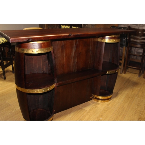 126 - Mahogany home bar and back bar with brass bound barrel front and mirrored back {230 cm H x 220 cm W ... 