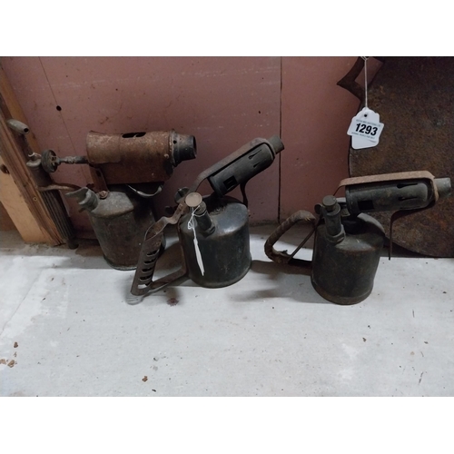 1294 - Three 20th C. brass and metal blow torches. {23 cm H}.