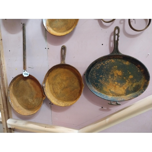 1296 - Three large 20th C. metal frying pans. Largest {70 cm H x 14 cm W}