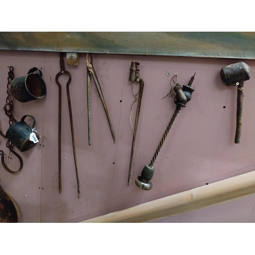 1299 - Collection of porringers, bayonet, tongs, drill and pipe.