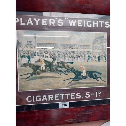 176 - Players Weights cigarettes framed advertising showcard {56 cm H x 63 cm W}.