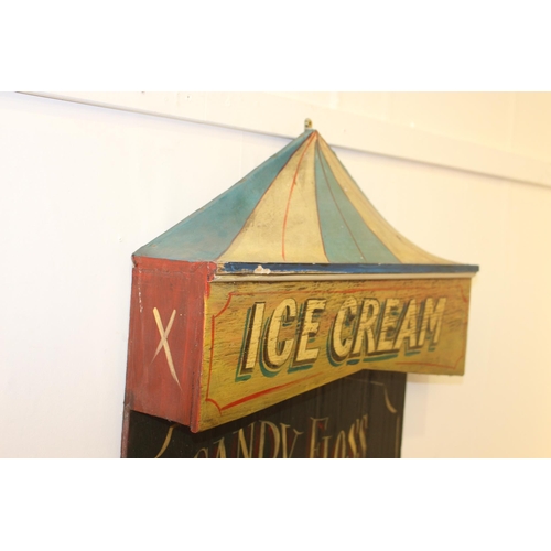 178 - Ice Cream and Candy Floss painted wooden advertising sign. { 93 cm H x 61 cm W x 14 cm D}.