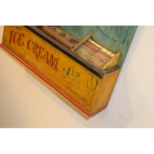 187 - Candy Floss and Ice Cream painted wooden advertising sign. { 93 cm H x 61 cm W x 14 cm D}.