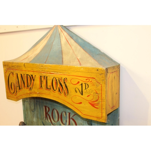 187 - Candy Floss and Ice Cream painted wooden advertising sign. { 93 cm H x 61 cm W x 14 cm D}.