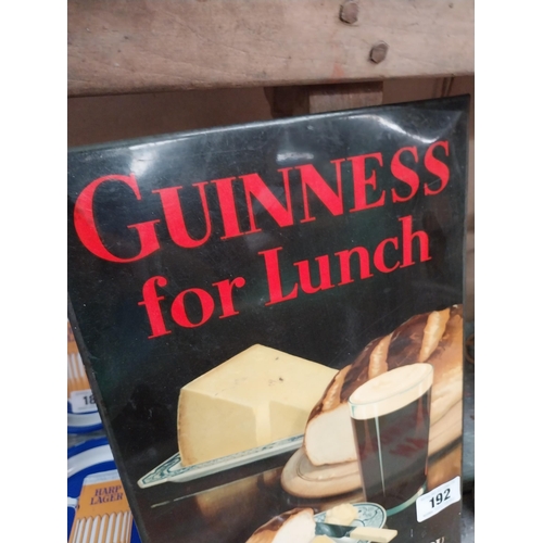 192 - Guinness For Lunch celluloid advertising show card {38 cm H x 25 cm W}.