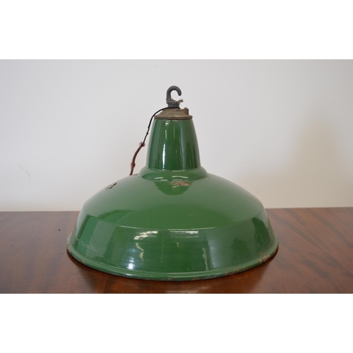 206 - Set of four vintage green enamel industrial light shades {30 cm H x 35 cm W}.