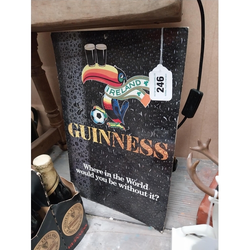 246 - Guinness Where in the world would we be without you? Cardboard advertising sign {38cm H x 26cm W}.