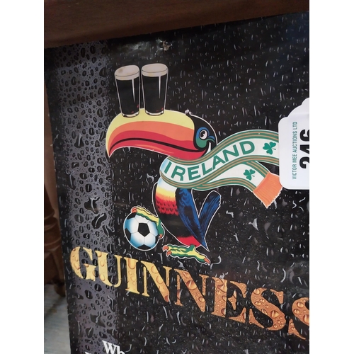 246 - Guinness Where in the world would we be without you? Cardboard advertising sign {38cm H x 26cm W}.