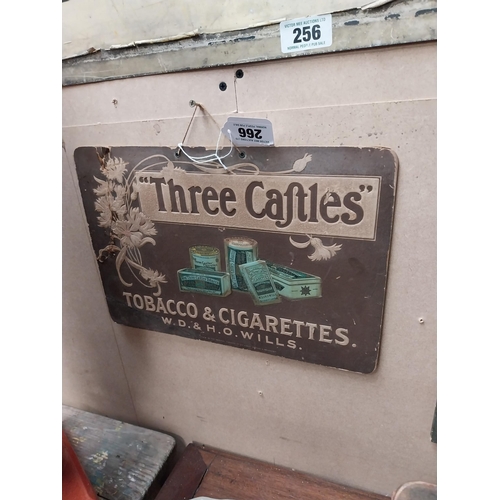 266 - Three castles tobacco & cigarettes embossed advertising showcard {27cm H x 39cm W}